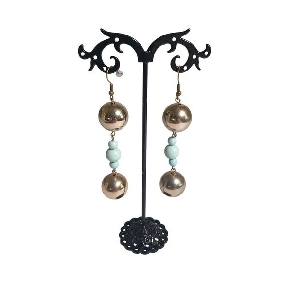 Vintage Silver Tone Dangle Earrings Beaded Fishhook 3.5" Long Seafoam Green - Picture 1 of 5